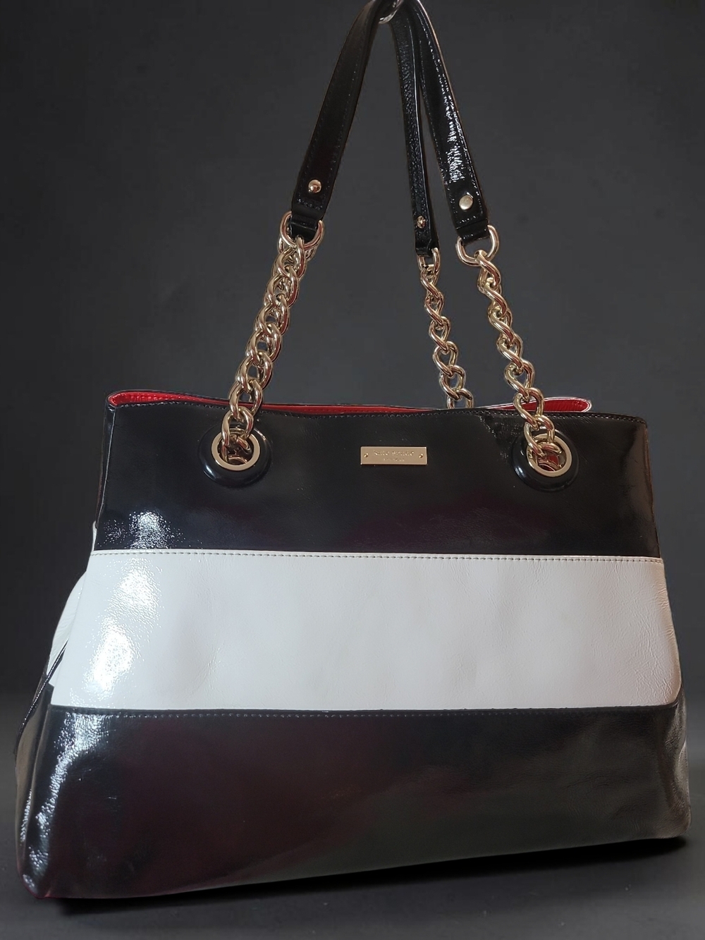 Kate Spade Black, White & Red w/Polka Dot Interior Patent Leather Shoulder Tote - Picture 3 of 15